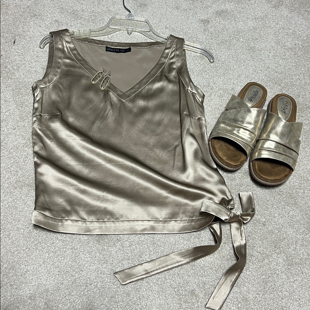 Lafayette 148 New York Gold Silk Side-tie Sleeveless Blouse